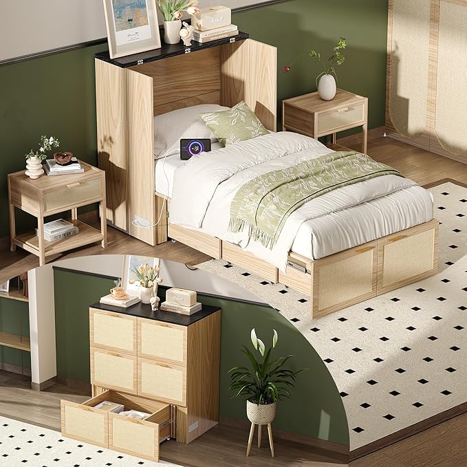 VINGLI Twin Size Rattan Murphy Bed by VINGLI
