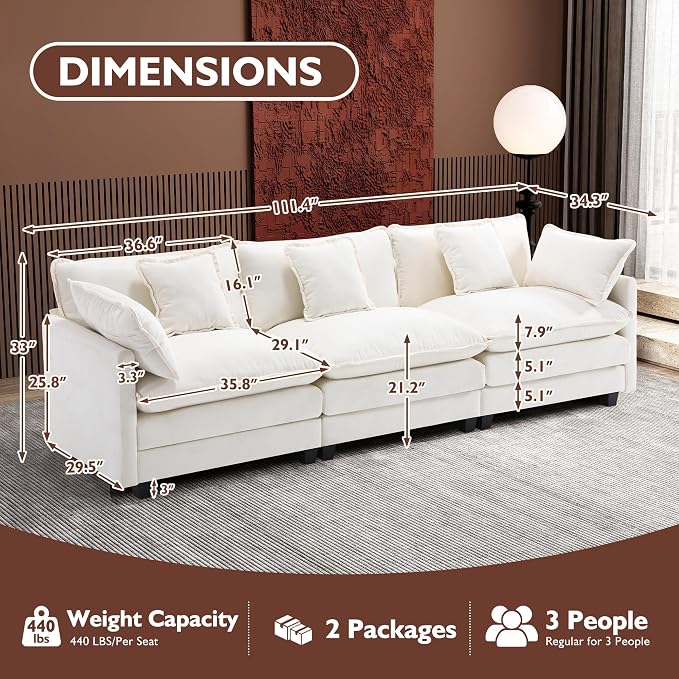 Ihanherry 111.4 Inch 3-Seater Cloud Sofa, Modular Sectional Couch, Modern Deep - Image 5