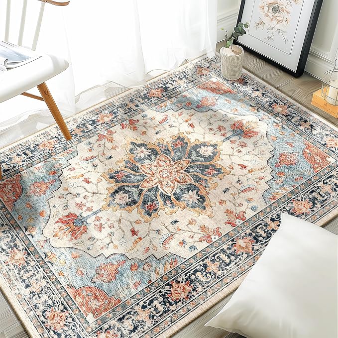 RELEANY Area Rugs 3'x4' Washable Non-Slip, Floral Vintage Distress Print by RELEANY