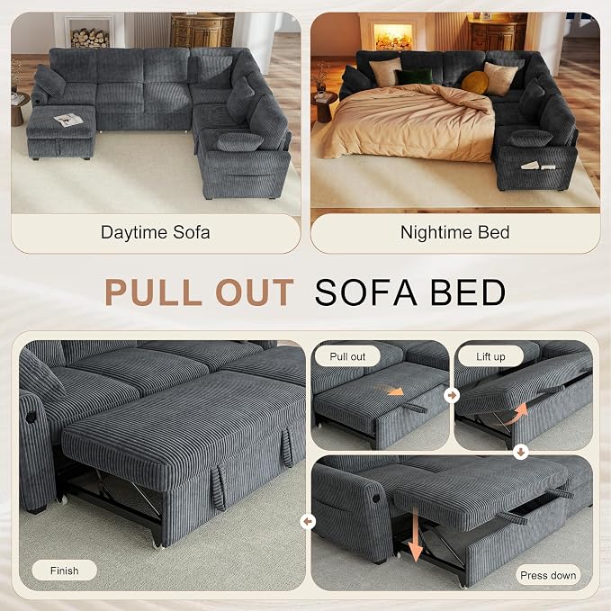 Hanherry Sectional Couch with Pull Out Sofa Bed, Corduroy Sleeper Sofa with - Image 3