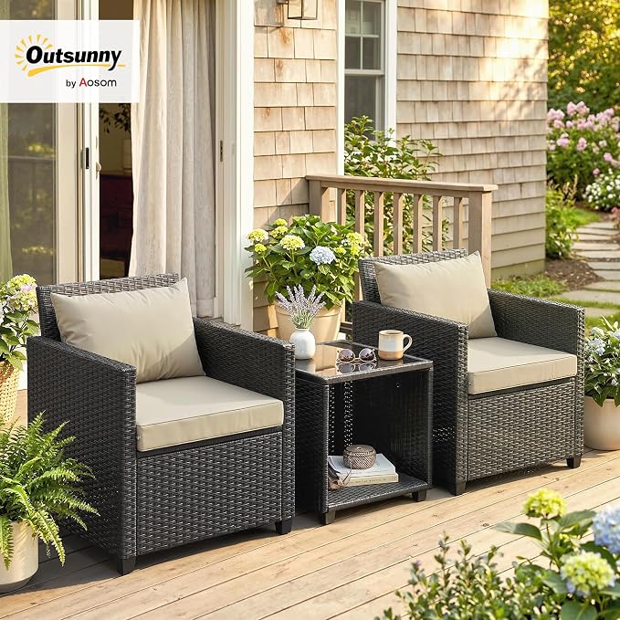 Outsunny 3 Piece Patio Furniture Set, Wicker Outdoor Bistro Set - Image 2