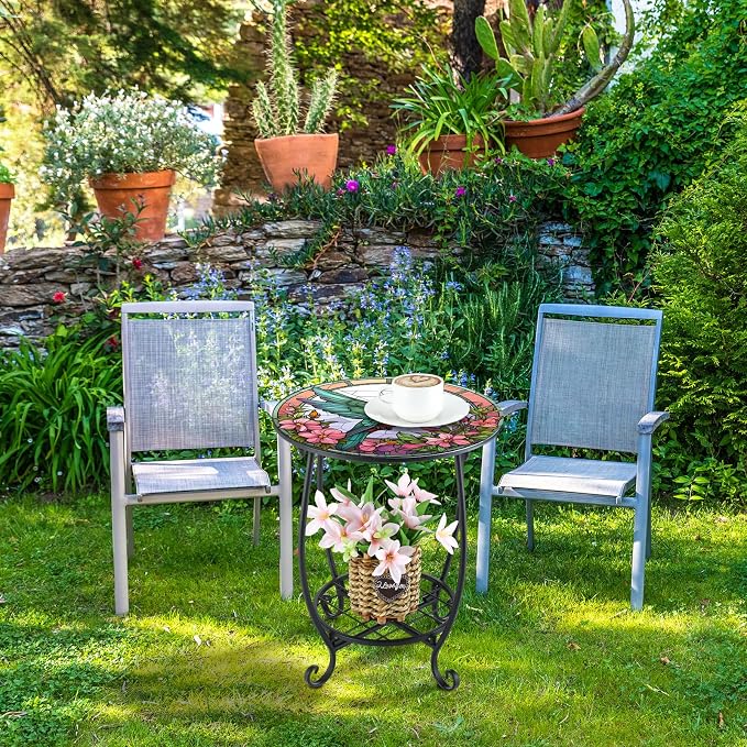 Cinnvoice Outdoor Side Table Round Small Mosaic Patio Accent Indoor End Plant - Image 5
