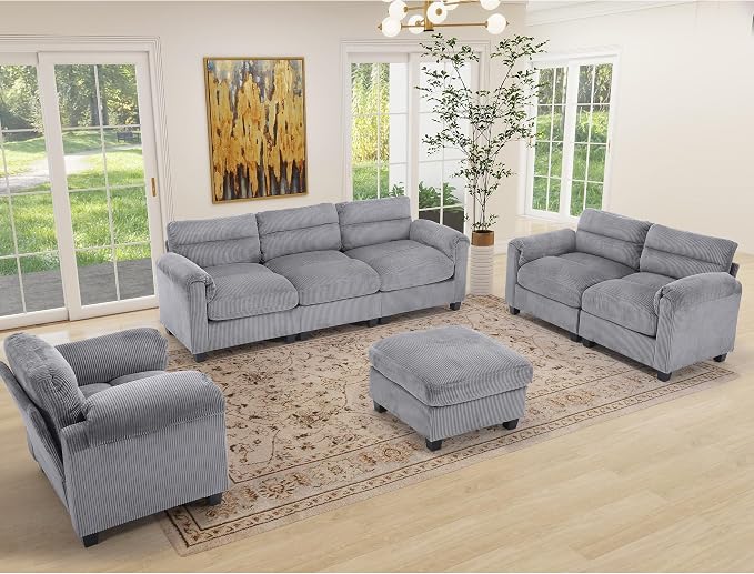 HAOMARKETS Corduroy 4-piece Sofa Set, Upholstered Ottoman, Loveseat 2-Seater - Image 6