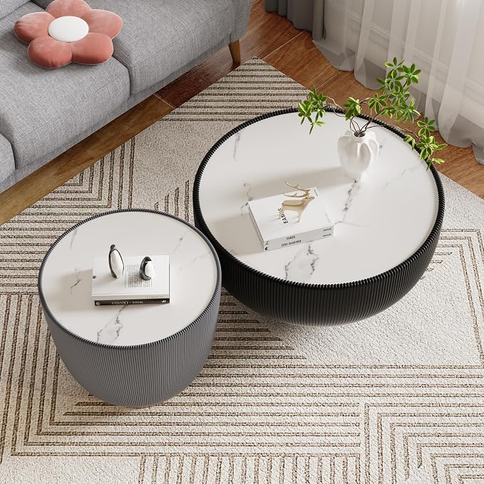 SSLine Bowl-Shape Coffee Table Set of 2 Modern Sintered Stone Top Nesting - Image 4