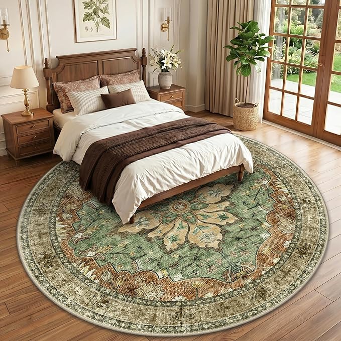 RELEANY Area Rugs Round 10ft Washable Non-Slip, Floral Vintage Distress Print - Image 2