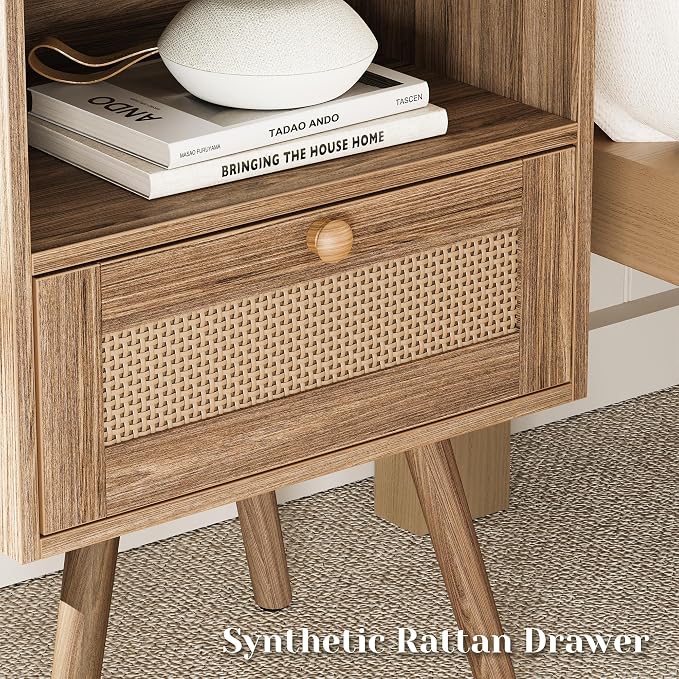 SUPERJARE Nightstand with Charging Station & Rattan-Like Decor Drawer, Rattan - Image 6