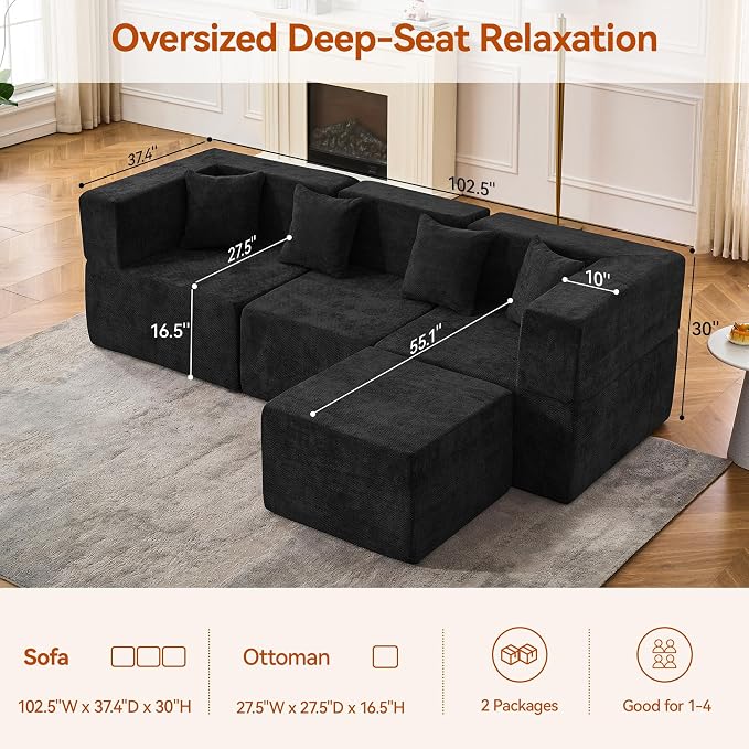 MONVANE 103'' Modular Sectional Sofa, Cloud Sectional Couch - Image 2