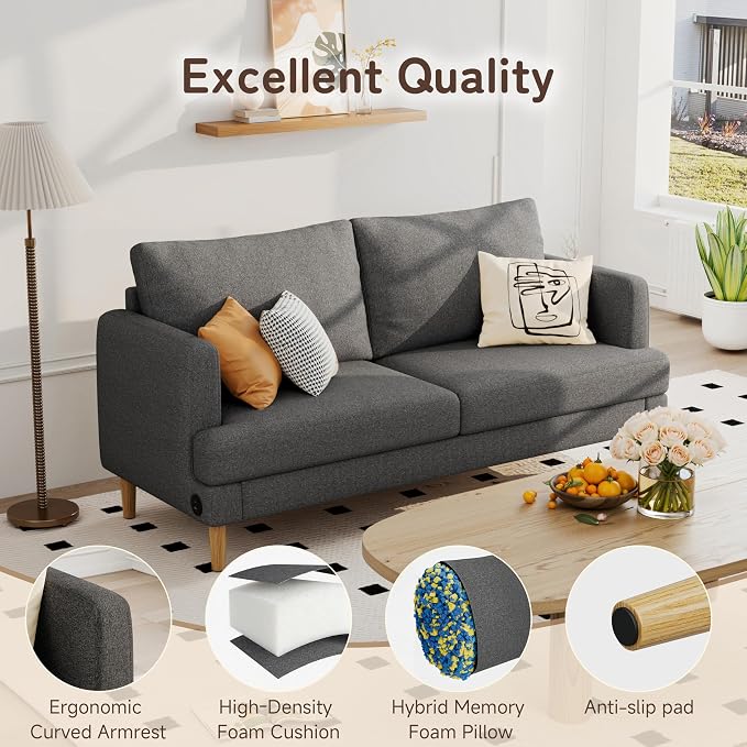 70" Modern Loveseat Sofa with USB Type-C Ports, Linen Fabric 2-Seater Deep Seat - Image 5