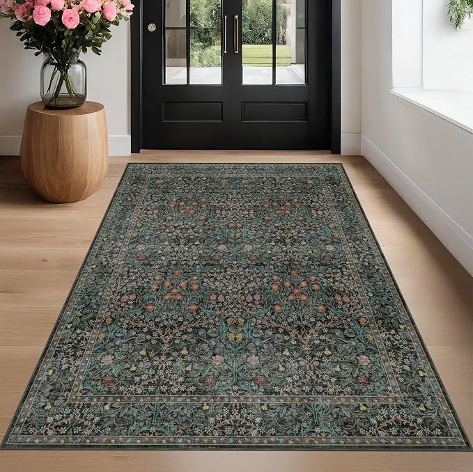 Washable Vintage 5x8 Living Room Rug, Dark Green Floral Area Rug - Image 9