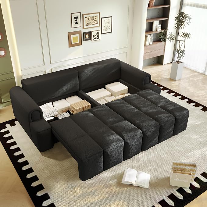 KEIKI 90.2" Modern 3-in-1 Sleeper Sofa Bed – Teddy Fabric 4-Seater Couch - Image 5