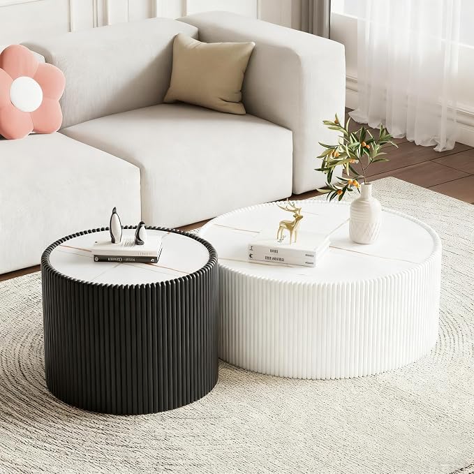 SSLine Round Drum Coffee Table Set of 2 Modern Sintered Stone Top Nesting - Image 4