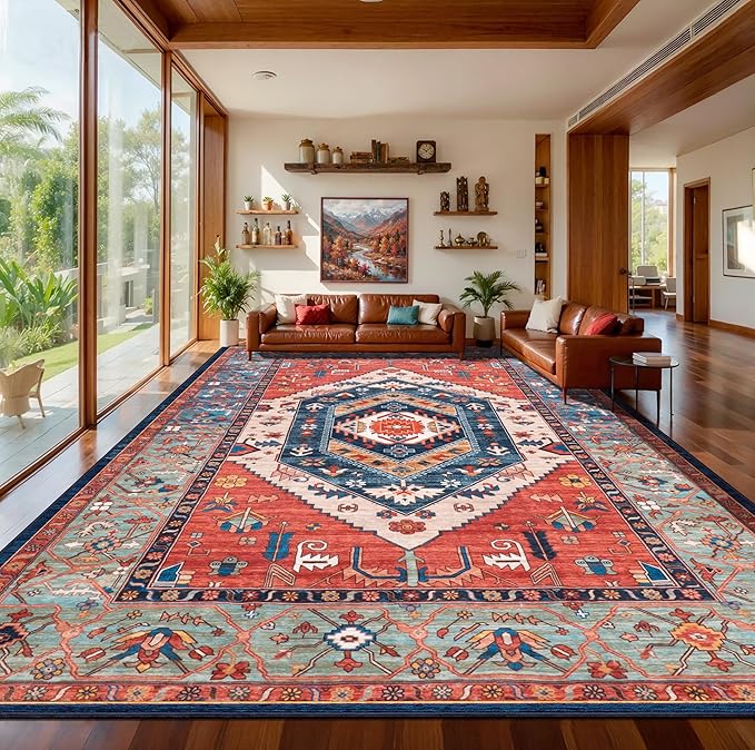 SERISSA Washable Rugs 9x12 Area Rugs, Large Non-Slip Boho Living Room Rust Rug by SERISSAHomeDecorCollection