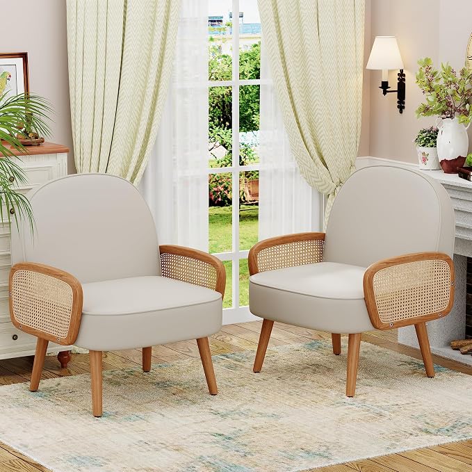 Aklaus Mid Century Modern Accent Chairs Set of 2 Upholstered Rattan Faux - Image 7