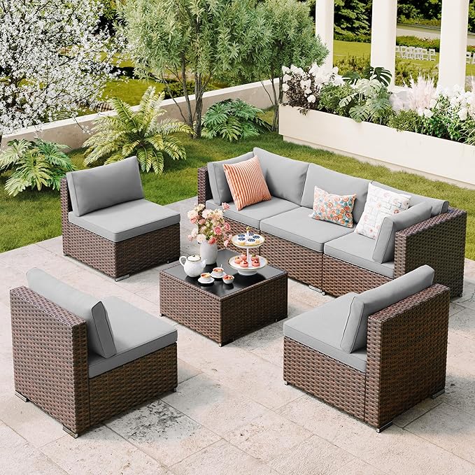 Qsun 7 Pieces Outdoor Patio Furniture Set, PE Rattan Outdoor Wicker Sectional by Qsun