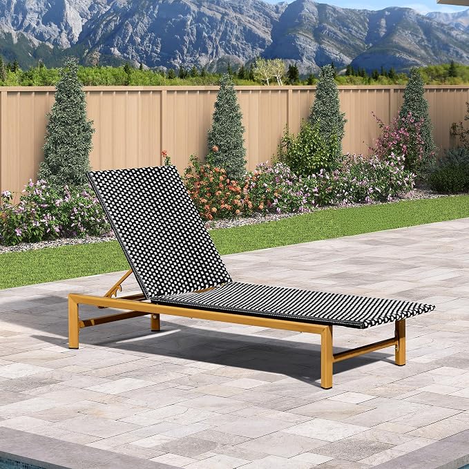 PURPLE LEAF Patio Chaise Lounge French Outdoor Lounger 1 Piece Wood-Grain by PURPLELEAF