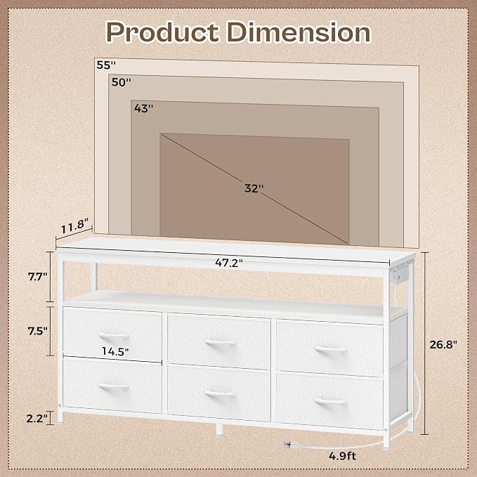 Huuger LED TV Stand for Bedroom, 47 Inch Dresser TV Stand for 43, 55 Inch TV - Image 2