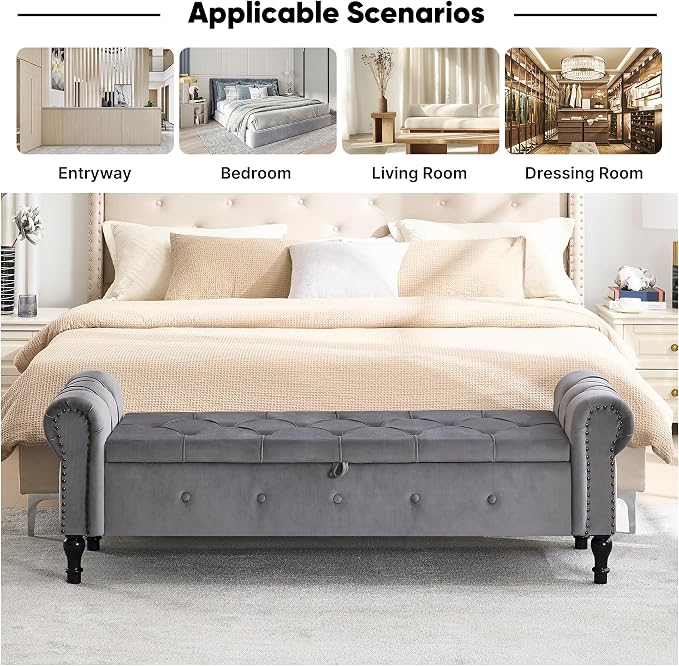 67" Storage Bench for Bedroom, Velvet End of Bed Bench, King Size Bench - Image 6