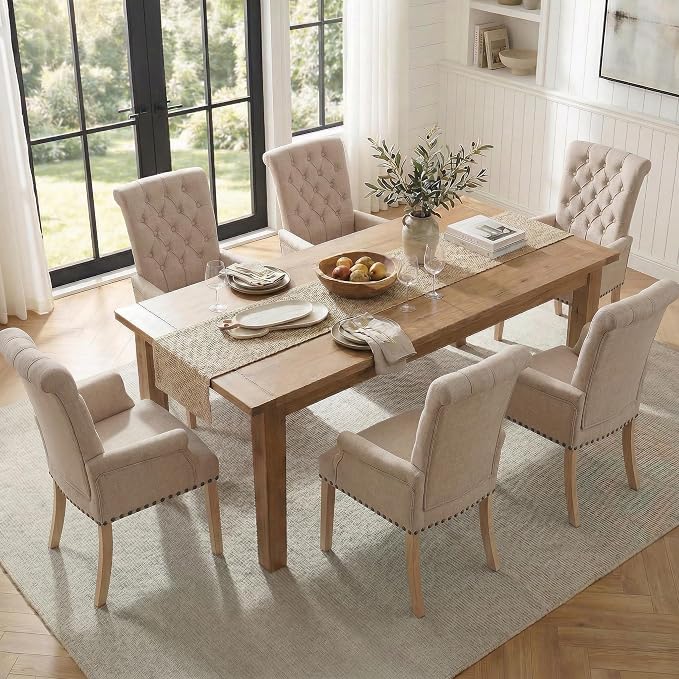 Modern Backrest Cushioned Dining Chair, Button Decorated Armrest Linen Chair - Image 6