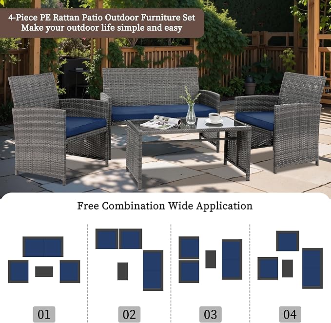 4 Piece Patio Ratten Set Outdoor Furniture Set Wicker Conversation Set - Image 2