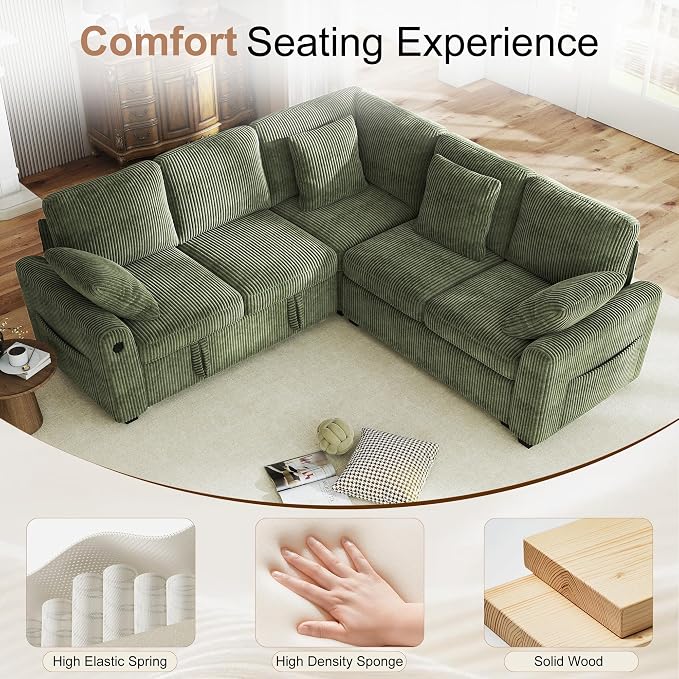 Hanherry Sectional Couch with Pull Out Sofa Bed, Corduroy Sleeper Sofa with 2 - Image 7