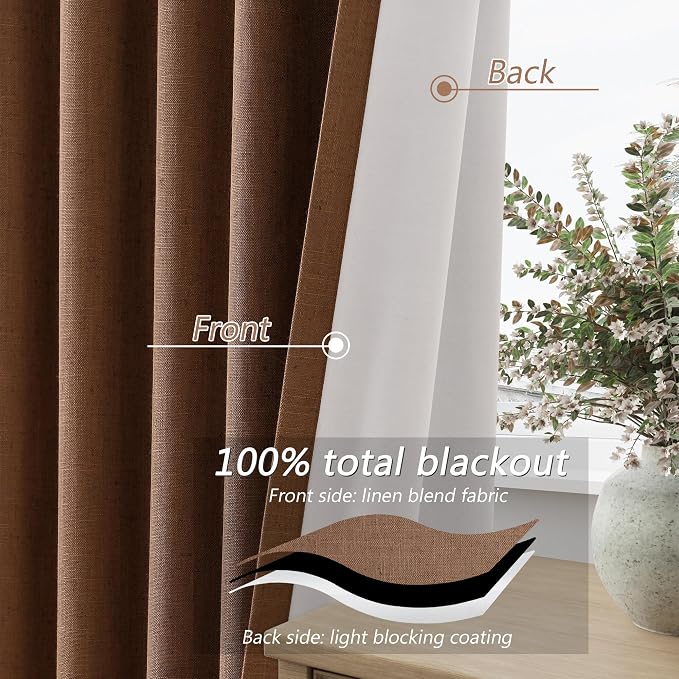 Guken Caramel Brown 100% Blackout Linen Curtains 102 Inch Length 2 Panels Set - Image 4