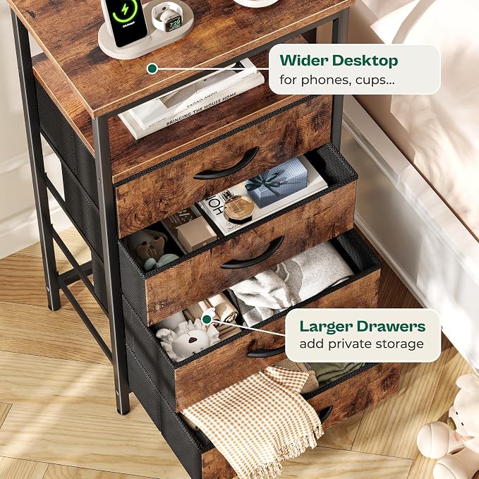 Huuger Night Stand with Charger Station and LED Lights, 4 Drawer Nightstand - Image 7