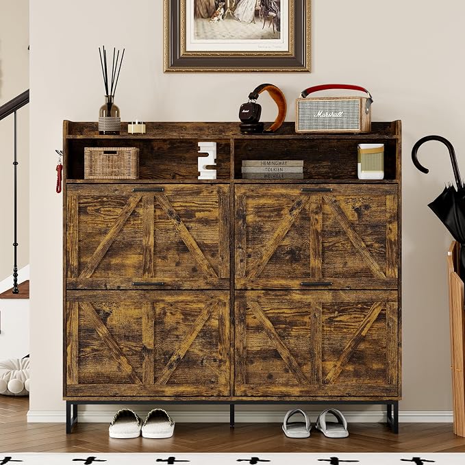 BORNOON Shoe Cabinet with 4 Flip Drawers Narrow Shoe Storage Cabinet Organizer - Image 4
