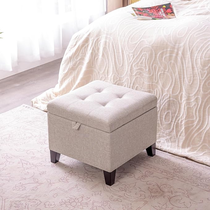 Adeco 18 Inch High Cube Ottoman Storage, Linen Chair Foot Stools, Upholstered - Image 4