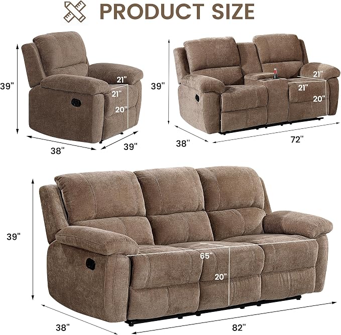 Betsy Furniture Modern Fabric Recliner Sofa Set, Loveseat w/Console, Recliner - Image 2