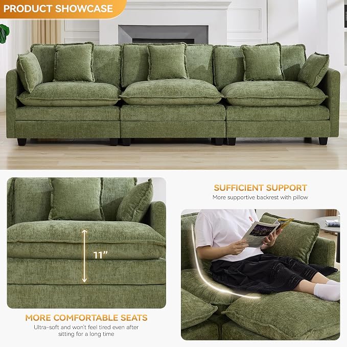 111'' Sectional Cloud Deep Seat Couch, Modern Comfy Chenille Modular Sectional - Image 3