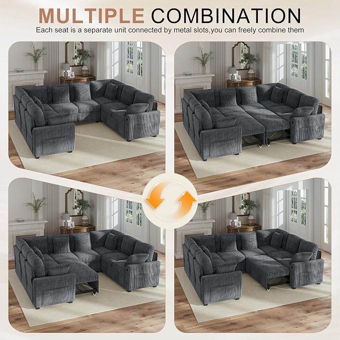 Hanherry Sectional Sofa with Pull Out Couch Bed, 8 Seat Corduroy Sleeper Sofa - Image 7