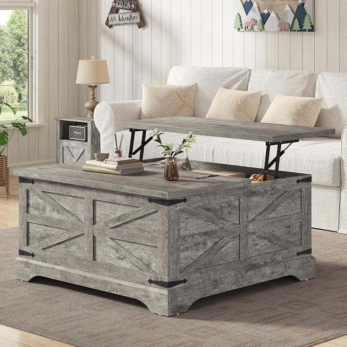Furnideco 35.5''W Square Coffee Table Farmhouse Lift top Coffee Table by FurnidecoFurniture