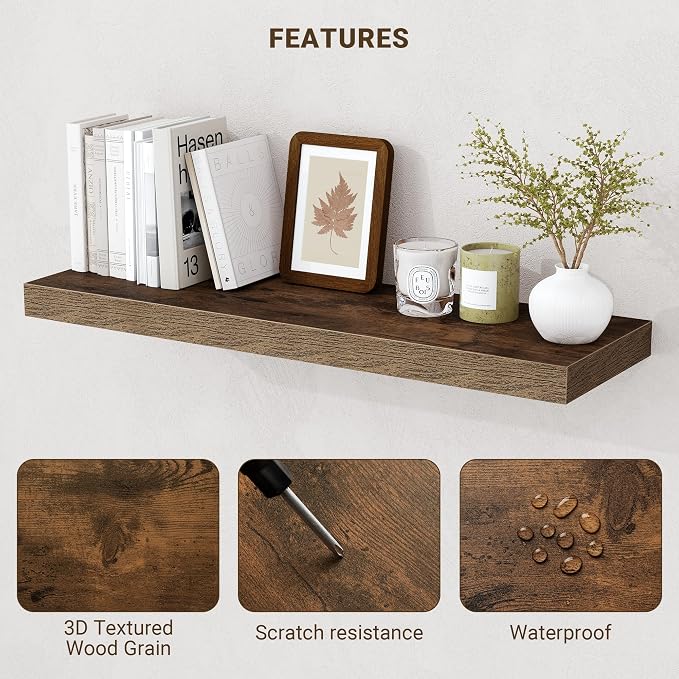 Acovy 32 Inch Floating Shelves, 3D Textured Wood Grain, Wooden Shelves - Image 4