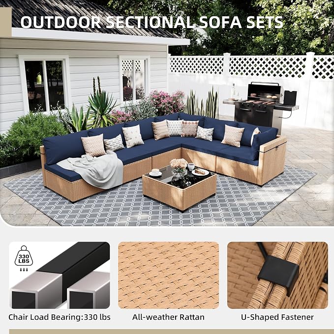 UPHA 7 Pieces Patio Furniture Sets, Wicker Outdoor Sectional Sofa Couch - Image 3