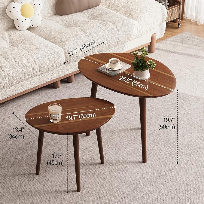 Small Oval Coffee Tables Set, Acacia Wood Nesting Tables（25.6"x17.7"+17.7"x13.4" - Image 2