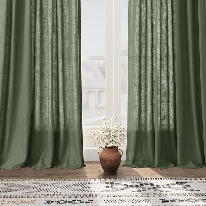 Olive Green Semi Sheer Curtains 108 Inches Long 2 Panels Back Tab Loop Pocket - Image 6