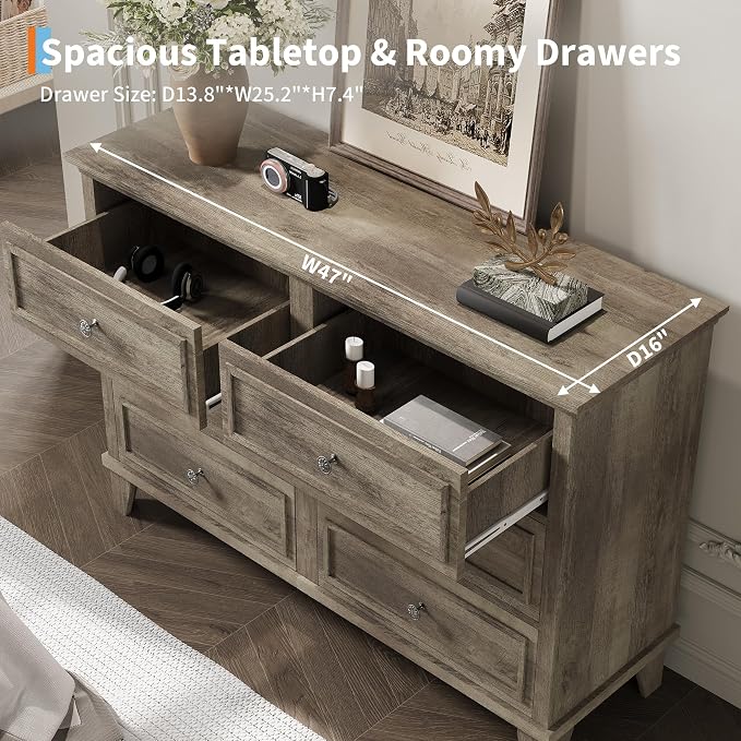 IDEALHOUSE 6 Drawer Dresser, Wooden Storage Chest of Drawers - Image 5
