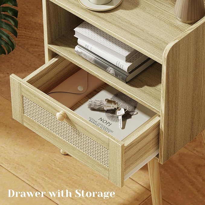 SUPERJARE Nightstand with Charging Station & Rattan-Like Decor Drawer, Rattan - Image 5