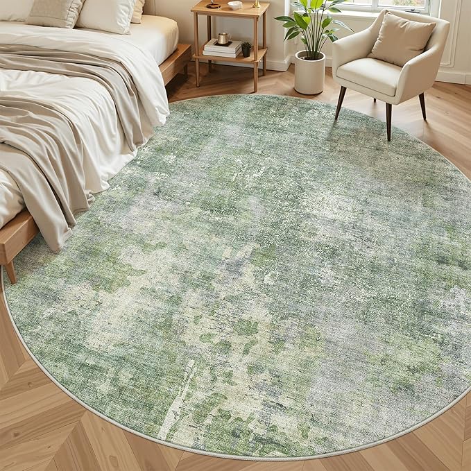 9x9 Green/Ivory Round Rug 9ft Living Room Circle Rug Vintage Round Area Rug Non - Image 3
