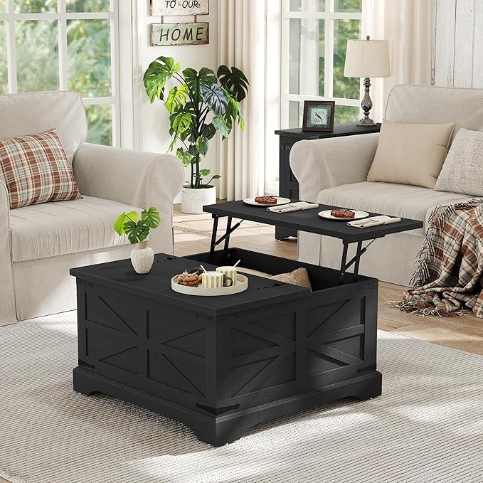 Furnideco Farmhouse Lift Top Coffee Table, Square Wood Center Table - Image 4