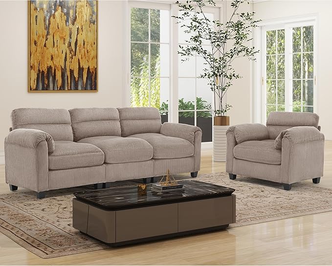 HAOMARKETS Corduroy Sofa Set, Upholstered Armchair and 3-Seater Couch by HAOMARKETS