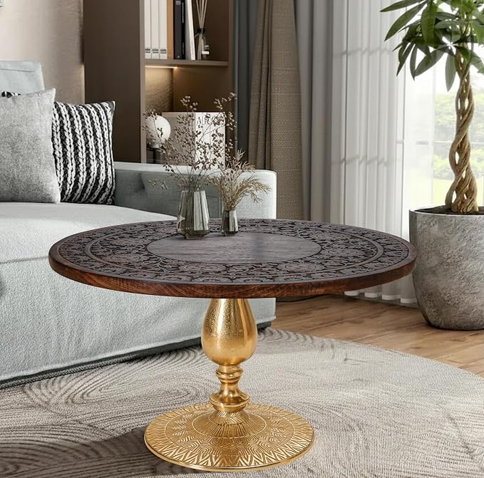 Coffee Table 24x24x18 Inch-Hand-Carved Solid Wood Center Table, Vintage Burnt - Image 2