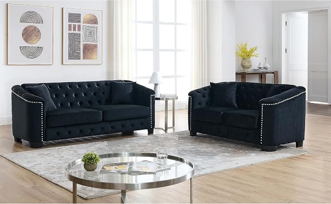 2 Piece Modern Chesterfield Velvet 77" 3-Seater+59" Loveseat Sofa Set, by Unknown
