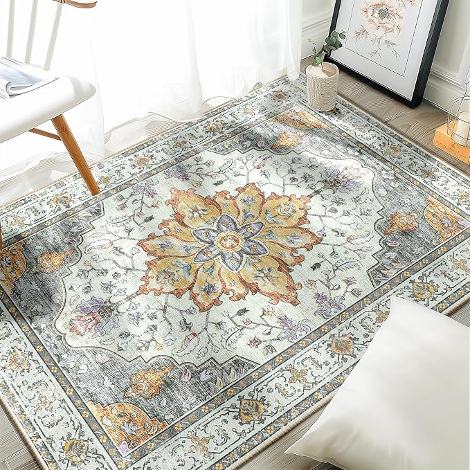 RELEANY Area Rugs 3'x4' Washable Non-Slip, Floral Vintage Distress Print by RELEANY