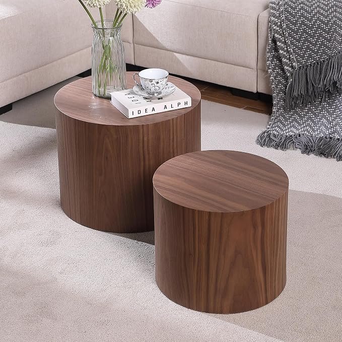 Small Coffee Table Nesting End Table Set of 2, Round Coffee Table Wood Side - Image 5