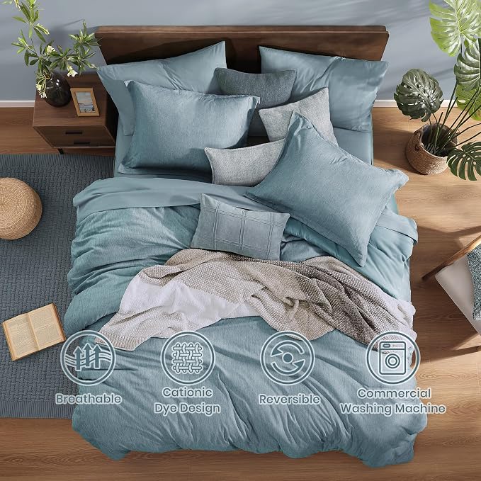 Monbix King Size Comforter Set, 7 Pieces Dusty Blue Cationic Dyeing Bed in a - Image 5