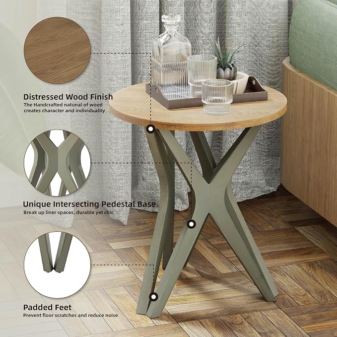 Pedestal Farmhouse End Table Set of 2, Distressed Top - Image 5