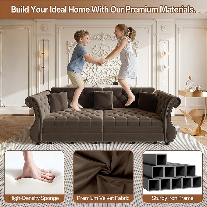 97.6" Oversized Pull Out Sofa Bed, Chesterfield Velvet Sleeper Sofa Couch - Image 5