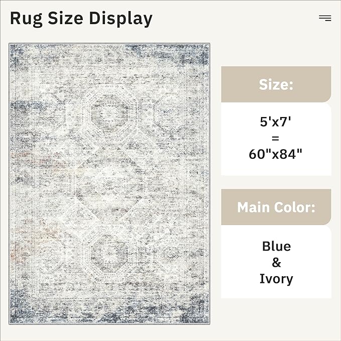 5x7 Area Rugs Blue Ivory Low Pile Indoor Washable Trendy Faded Style Rugs - Image 5