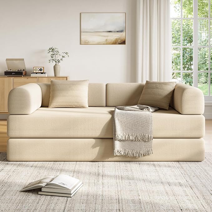 79in Convertible Sofa Bed, Corduroy Boneless Couch Bed, Futon Sleeper Sofa Pull - Image 8